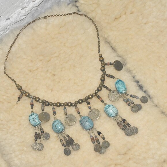 Vintage Scarab Charm Gold Coin Necklace - Picture 1 of 6